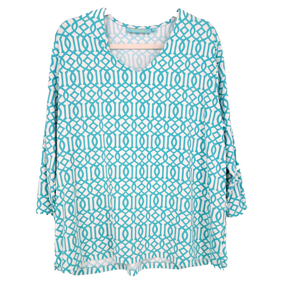 Anthonys Resort Wear Classic Aqua Geometric Print UPF50 V Neck Coastal Top XL - Picture 1 of 6